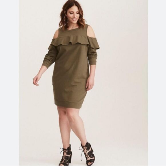 Torrid ruffled knit sweatshirt dress. Olive green. - Picture 1 of 13
